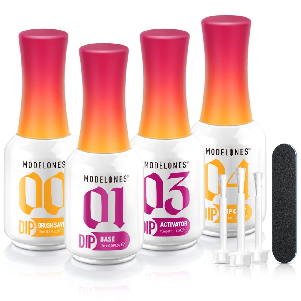 modelones Dip Powder Liquid Set 4+4 Pcs, Dip Powder System Set with Base Coat/Top Coat/Activator/Brush Saver/Manicure Tools for Nail Kit Art DIY Salon – 15ml/0.5oz