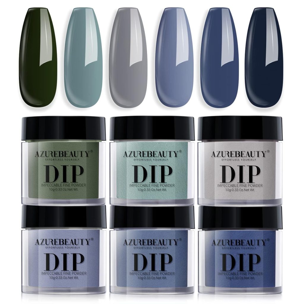 AZUREBEAUTY Dip Powder Nail Set Blue Sage Green Grey Shades, Fall Winter 6 Dark Colors Dipping Powder Starter Kit French Nail Art Manicure DIY Salon for Women, No Need Nail Lamp Cured