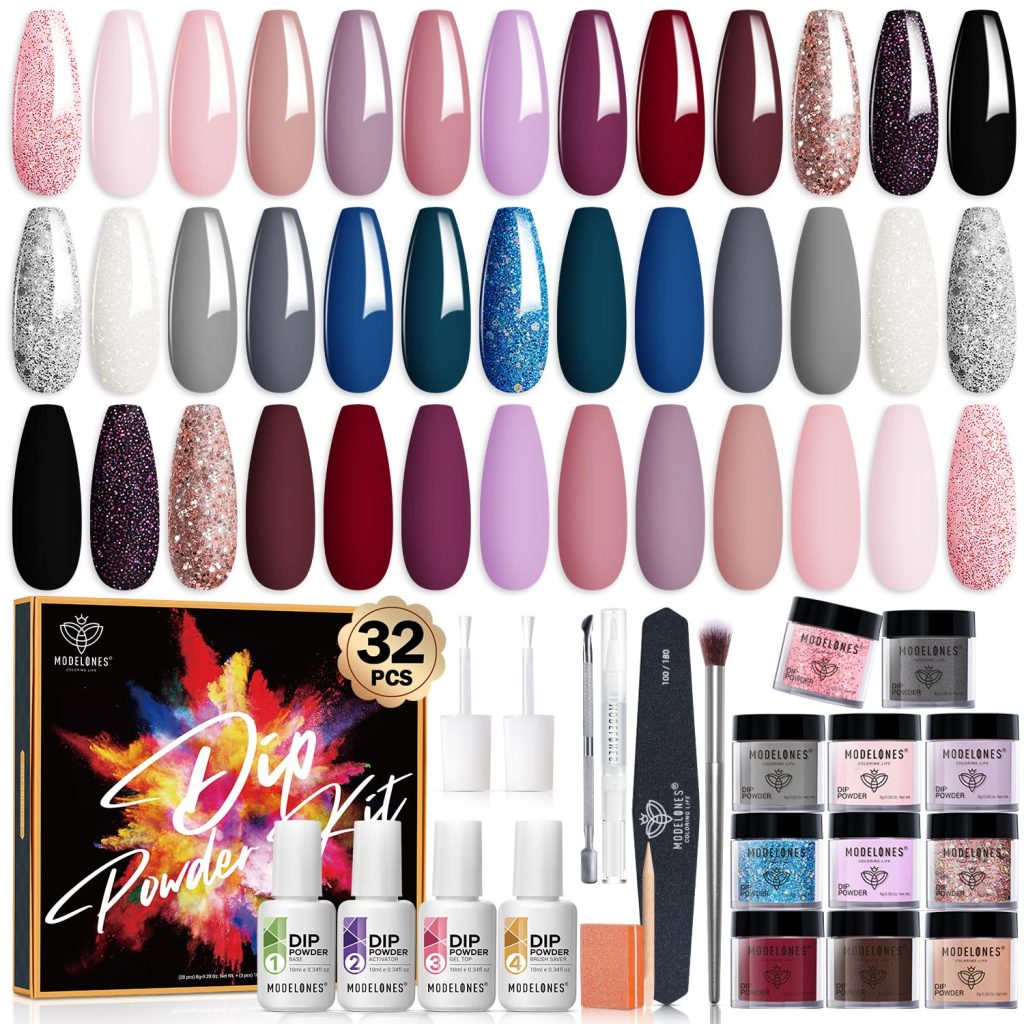 Modelones Dip Powder Nail Kit Starter, 20 Colors Nude Pink Gray Dipping Powder Liquid Set Base&Top Activator for French Nail Art Salon DIY Kit