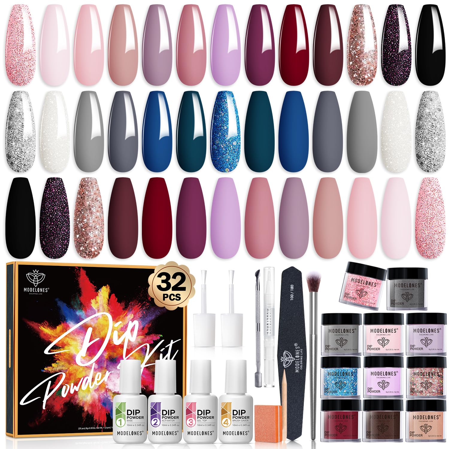 Modelones Dip Powder Nail Kit Starter, 20 Colors Nude Pink Gray Dipping Powder Liquid Set Base&Top Activator for French Nail Art Salon DIY Kit