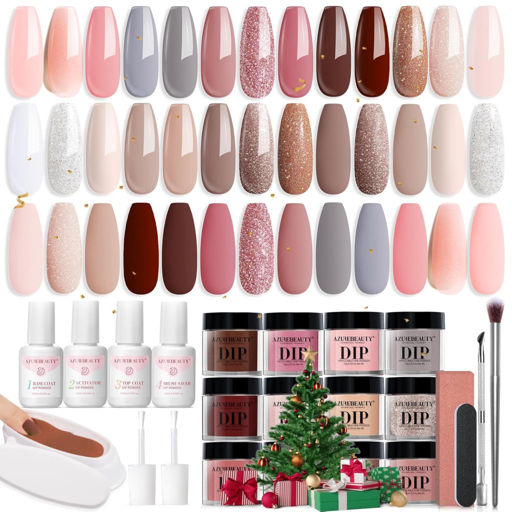 AZUREBEAUTY 31 Pcs Dip Powder Nail Kit 20 Colors Glitter Nude Brown Pink White Gray Dip Powder Liquid Set with Top/Base Coat Activator for French Nails Art Manicure DIY Salon Women Christmas Gift