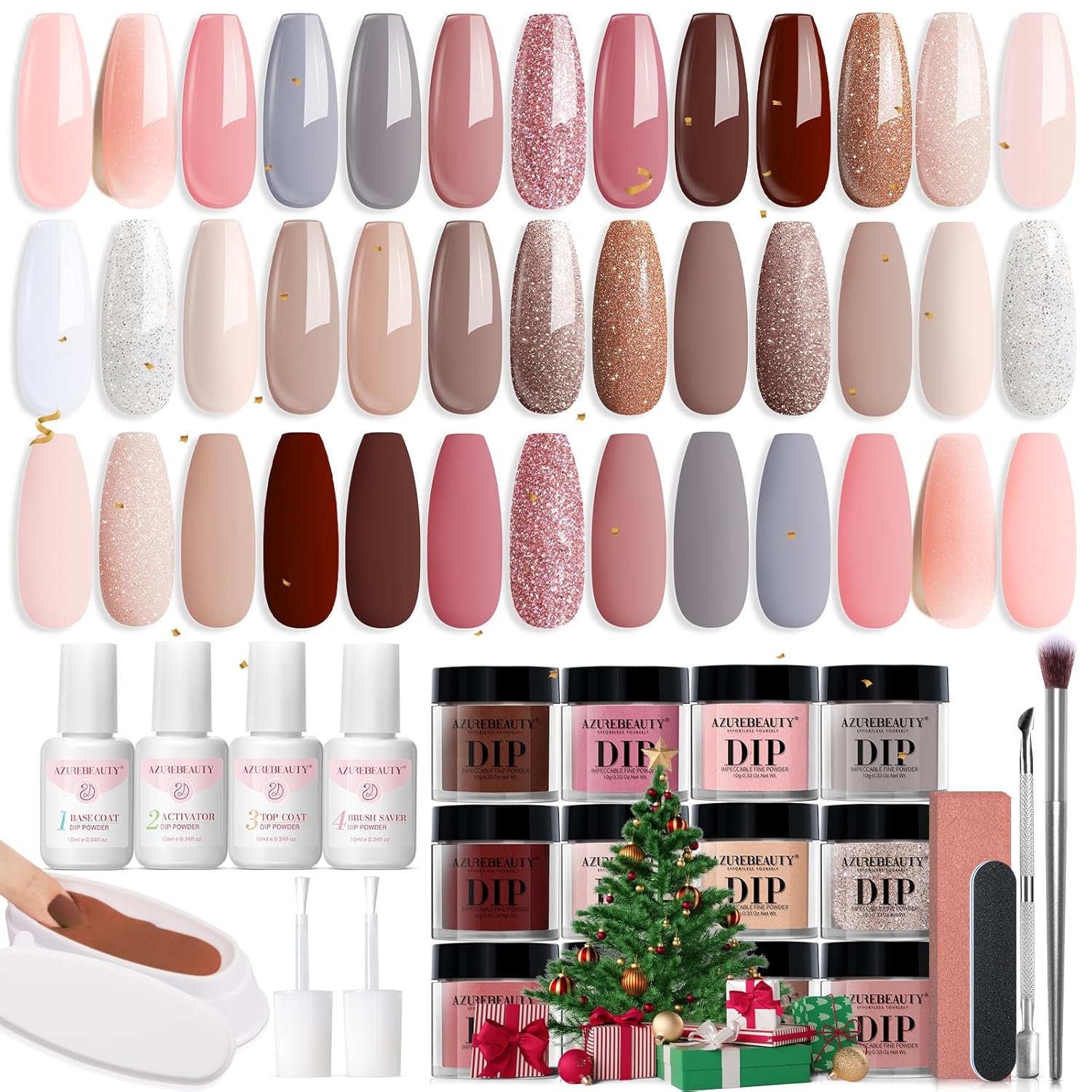 AZUREBEAUTY 31 Pcs Dip Powder Nail Kit 20 Colors Glitter Nude Brown Pink White Gray Dip Powder Liquid Set with Top/Base Coat Activator for French Nails Art Manicure DIY Salon Women Christmas Gift