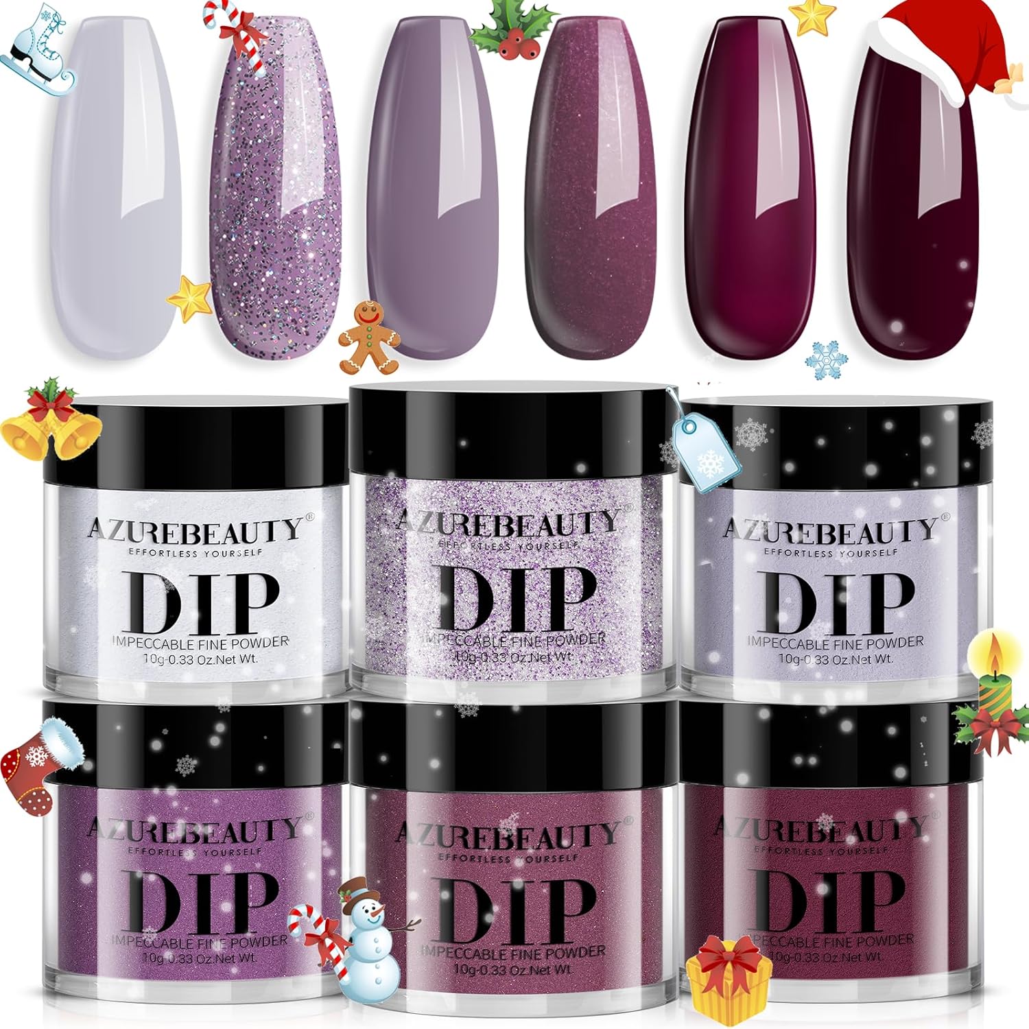 AZUREBEAUTY Dip Powder Nail Set, 6 Colors Christmas Winter Purple Rose Red Glitter Natural Dipping Powder Starter Kit, French Nail Art Manicure DIY Salon, No Need Nail Lamp Cured