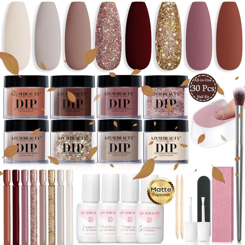 AZUREBEAUTY 30Pcs Dip Powder Nail Kit Starter with Nail Sticks, 8 Colors Christmas Winter Nude Brown Glitter, Dipping Powder Liquid Set with Matte/Base/Top Coat Activator for French Manicure Salon