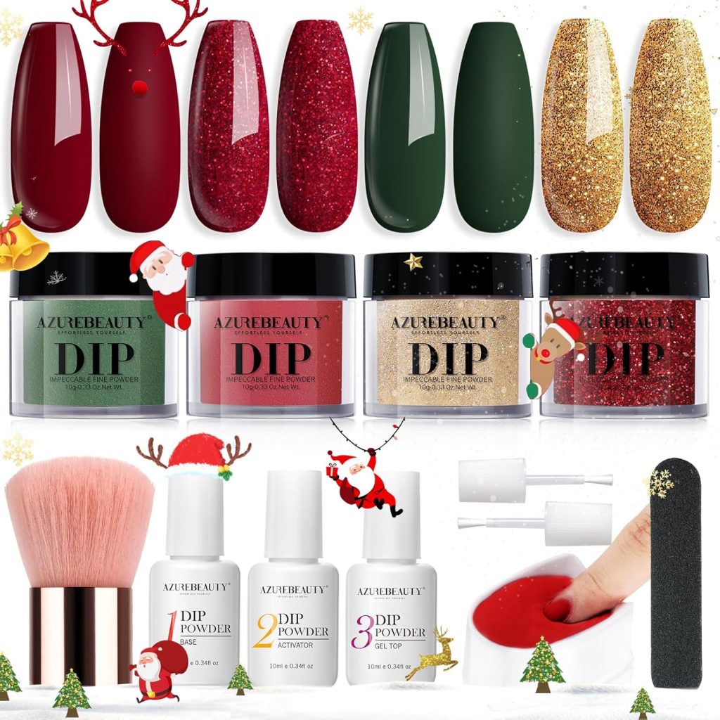 AZUREBEAUTY Christmas Dip Powder Nail Kit, 4 Colors Red Green Gold Glitter Dipping Powder System Liquid Set Recycling Tray, French Nail Art Base & Top Coat Activator DIY Salon.