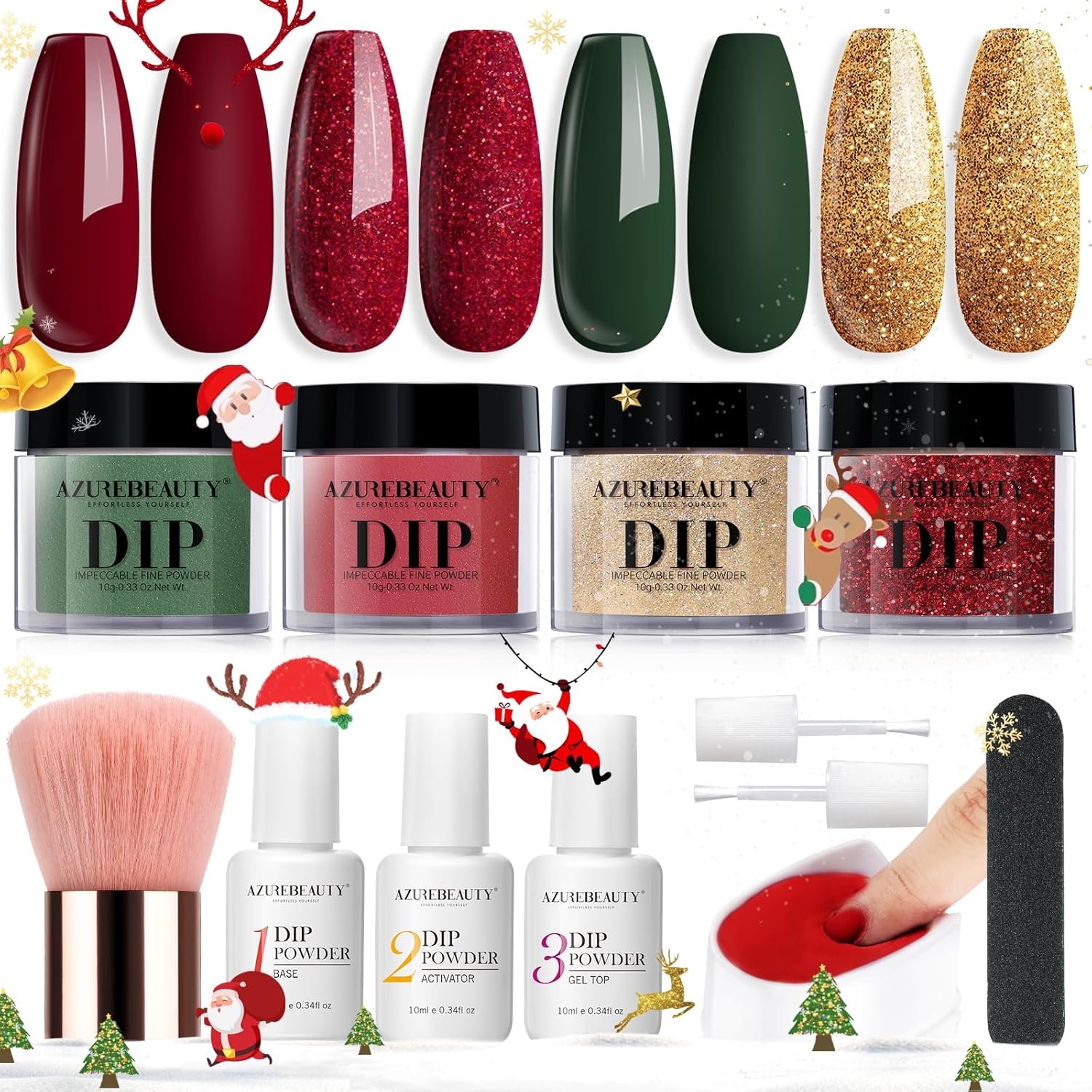 AZUREBEAUTY Christmas Dip Powder Nail Kit, 4 Colors Red Green Gold Glitter Dipping Powder System Liquid Set Recycling Tray, French Nail Art Base & Top Coat Activator DIY Salon.