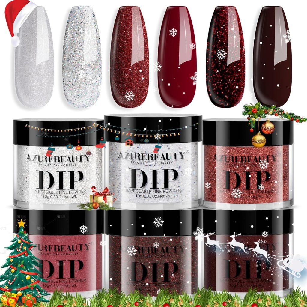 AZUREBEAUTY Christmas Winter Dip Powder Set,6 Colors Sparkling Silver&Burgundy Glitter Red Dipping Powder Starter Kit French Nail Art Manicure DIY Salon Gifts for Women,No Need Nail Lamp Cured