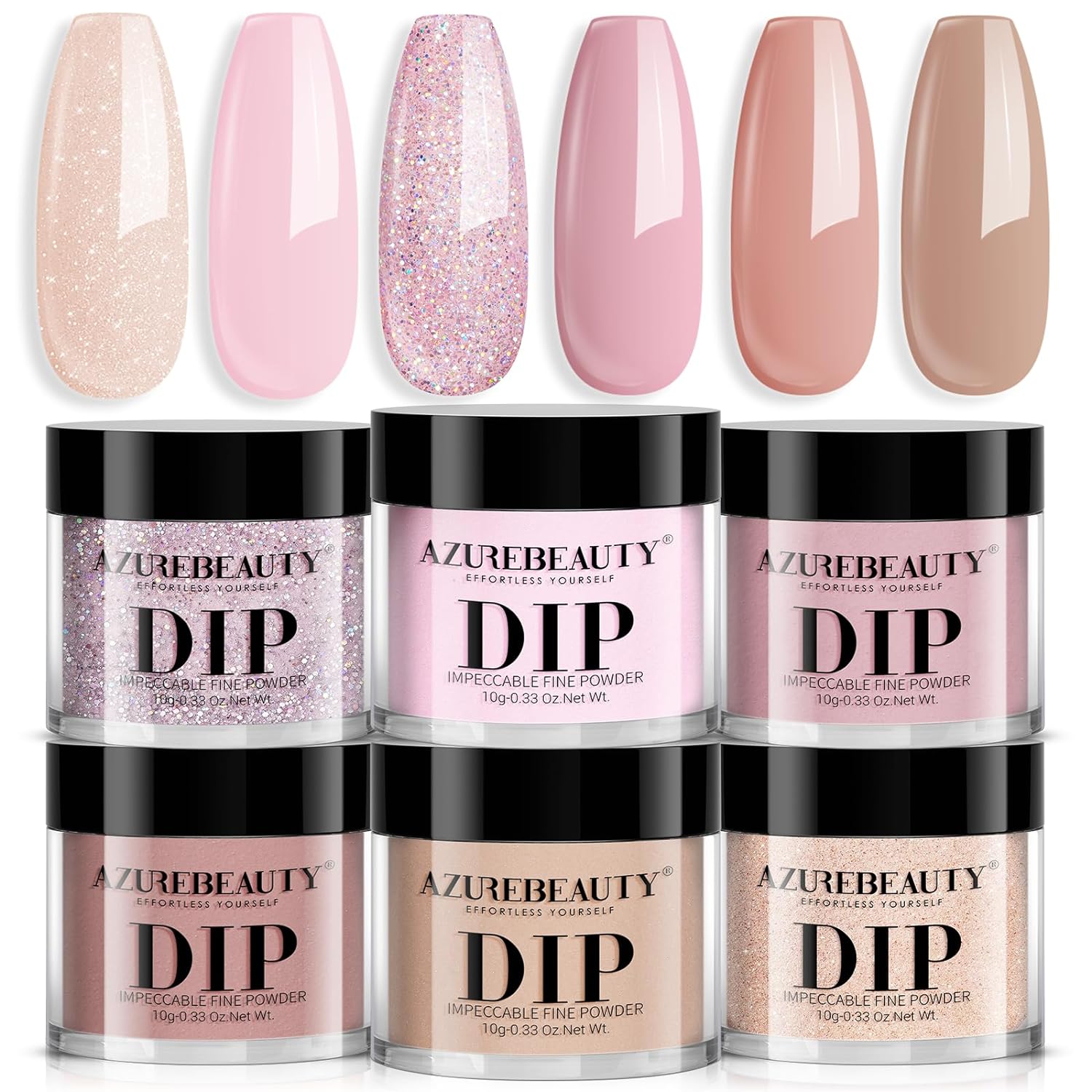 AZUREBEAUTY Pink Dip Powder Nail Kit,6 Colors Nude Pink Skin Tone All Season Natural Dipping Powder Color Glitter Pastel Effect French Nail Art Starter Manicure Salon DIY at Home